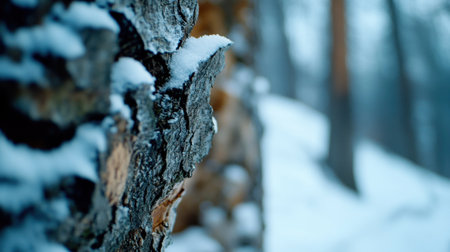 Close-up of birch bark texture in a snow-covered forest scene, cool tones and calm ambianceの素材