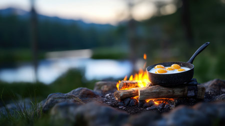 Campfire cooking moment with eggs heating in a pan, cozy stone ring and wild grass forming a serene backdrop.の素材