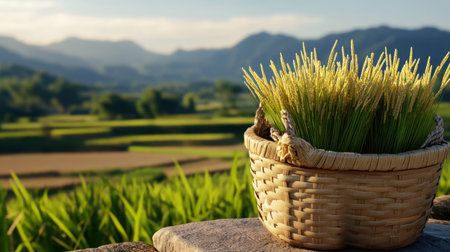 Harvest time in golden dawn light with baskets of rice and panoramic terrace viewsの素材