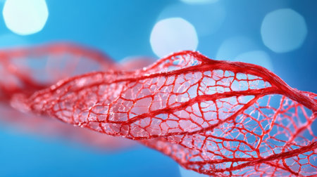 Macro shot of red lace leaf veins, soft sunlight backlighting the fragile structureの素材