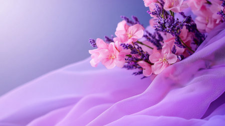 Dreamy fabric background in pink and lavender tones with delicate floral motifs, ideal for design inspirationの素材