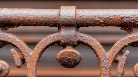 Decayed wrought iron fence close-up, warm tones enhancing its aged characterの素材