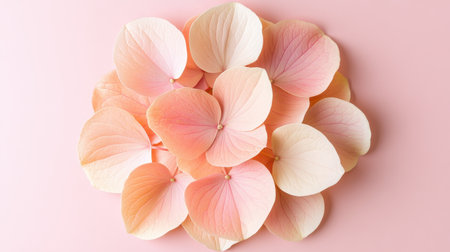 Pastel hydrangea petals arranged in a circular pattern on a soft pink background for floral artの素材