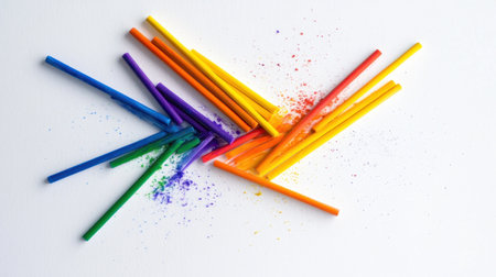 Colorful chalk sticks in rainbow order, scattered casually on bright white surfaceの素材