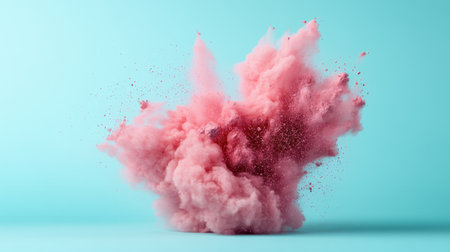 Dusty pink powder explosion on clean cyan backdrop, particles frozen mid-airの素材