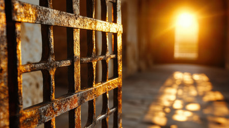 Detail shot of a rusty iron fence in sunset tones, textures glowing in golden lightの素材