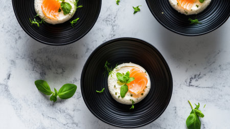 Cream cheese and smoked salmon canap served in minimalist black bowls, overhead shotの素材