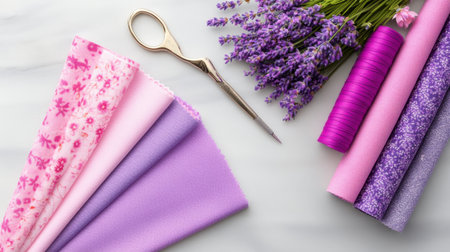 Flat lay of pink and lavender floral fabrics arranged in a designer workspace for DIY projectsの素材
