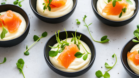 Cream cheese and smoked salmon canap served in minimalist black bowls, overhead shotの素材