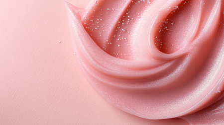 Elegant swirl of shimmering cream on blush pink surface, soft lighting enhances textureの素材