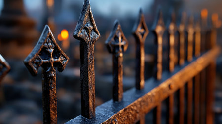 Decayed wrought iron fence close-up, warm tones enhancing its aged characterの素材