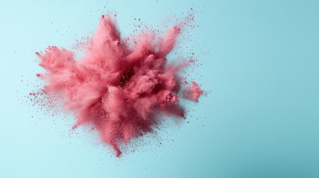 Dusty pink powder explosion on clean cyan backdrop, particles frozen mid-airの素材