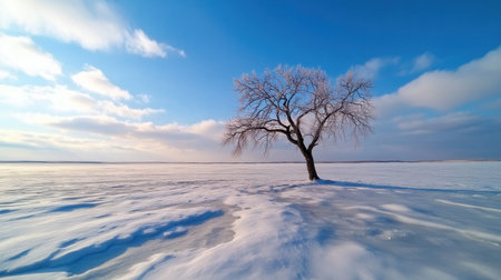 Icy branches of a lone tree sparkling on snowy terrain, under vast winter skyの素材