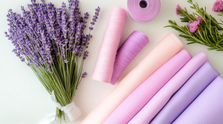 Flat lay of pink and lavender floral fabrics arranged in a designer workspace for DIY projectsの素材