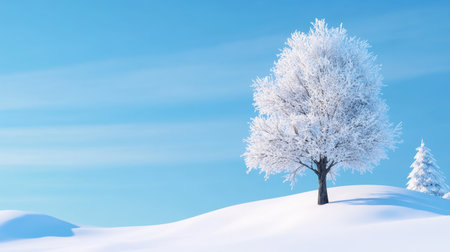 Frosty winter tree alone on hilltop, surrounded by pristine snow under morning lightの素材