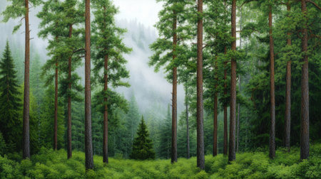 Peaceful forest with pine trees and early morning fog creating a tranquil, ethereal atmosphereの素材