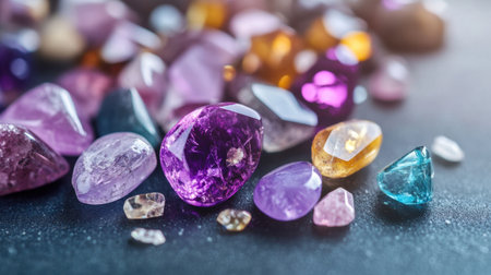 Jewel-toned stones in artistic composition, perfect for backgrounds and luxury brandingの素材