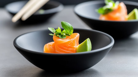 Fine dining presentation of smoked salmon in matte black bowls with minimal garnishesの素材