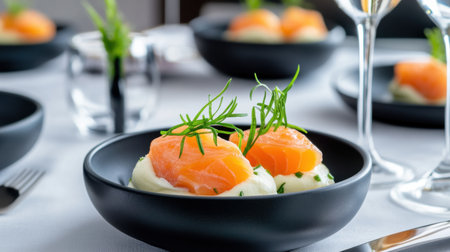 Salmon and cream cheese bites in black ceramic bowls on a modern table settingの素材