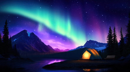 Glowing auroras sweep across the sky as a cozy campsite rests quietly in the mountains below.の素材