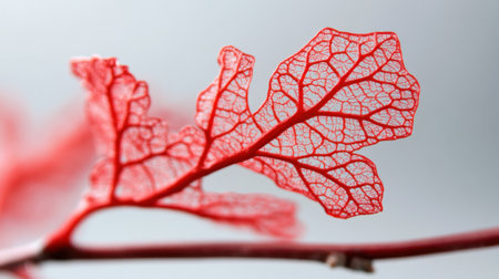Macro of red lace leaf on thin branch, veins detailed in sharp focus against soft backgroundの素材
