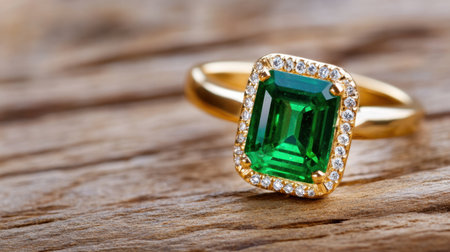 Faceted emerald and small diamonds in a gold setting, displayed on rich wood textureの素材