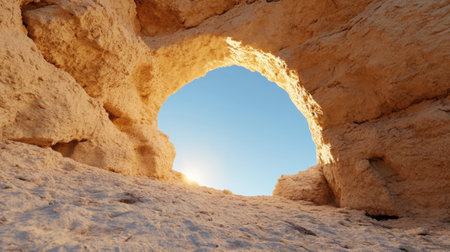 Natural sandstone arch in golden hour light, vivid blue sky glowing through the openingの素材