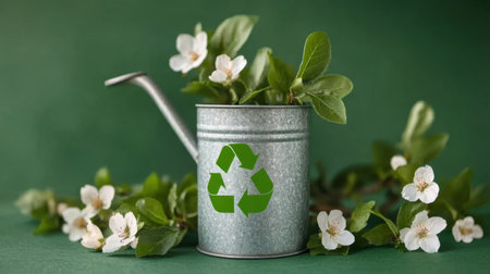 Metal watering can marked with recycling sign, surrounded by vivid blossoms and fresh green leaves.の素材