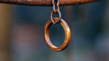 Macro detail of iron ring hanging on oxidized surface, rich textures of corrosionの素材