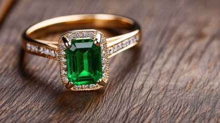 Luxurious emerald ring with diamond accents on rich wooden background, elegant lightingの素材