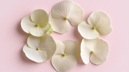 Pastel hydrangea petals arranged in a circular pattern on a soft pink background for floral artの素材