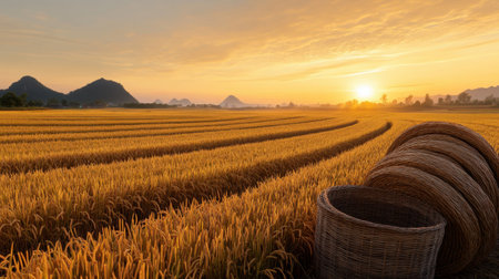 Rice fields bathed in golden light with harvest baskets in foreground, sunrise haze in distanceの素材