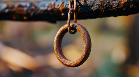 Macro detail of iron ring hanging on oxidized surface, rich textures of corrosionの素材