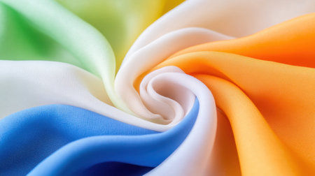 Abstract close-up of colorful fabric folds creating a smooth and artistic wave patternの素材