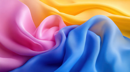 Luxurious satin in blue, yellow, and pink tones forming abstract flowing texturesの素材