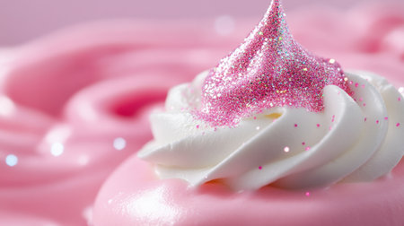 Pink and white mousse swirl topped with glitter on bubblegum pink surface, beauty-inspiredの素材