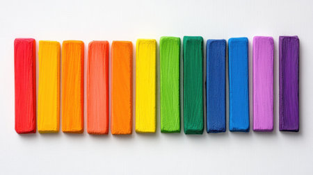 Neatly aligned rainbow-colored chalk on clean surface, bright and cheerful compositionの素材