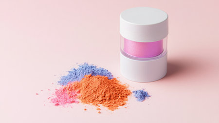 Pink-blue-orange powder makeup scattered beside minimal zero-emission device on soft pinkの素材