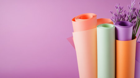 Rolled paper in peach, mint, and lavender pastels, arranged in minimal aestheticの素材