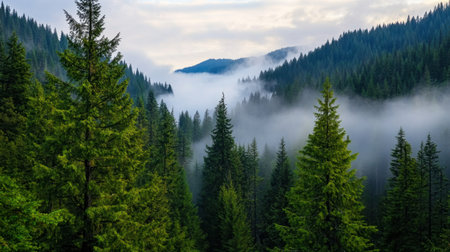 Quiet pine woods shrouded in mist, perfect for travel inspiration or meditation visualsの素材