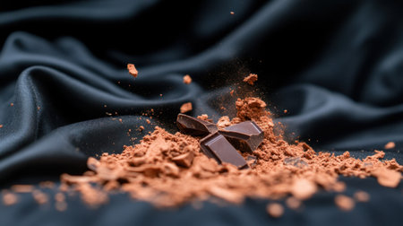 Messy burst of shattered chocolate with crumbs and cocoa dust against pitch-black fabricの素材