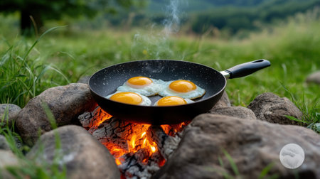 Rustic outdoor scene with eggs frying in a pan over an open fire, nestled in stones and lush grass.の素材