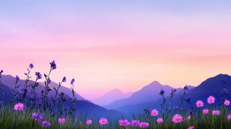 Peaceful wildflower meadow under pastel sky with mountain silhouettesの素材
