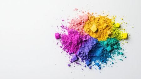 Soft rainbow-colored chalks in random pile on bright white background, colorful dust aroundの素材