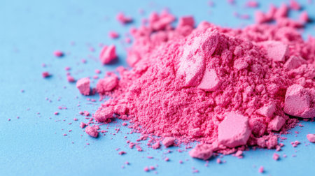Pink makeup powder scattered on a smooth blue surface, soft textures and subtle sparkleの素材