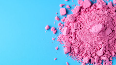 Pink face powder crumbled on bright blue background, macro detail of soft textureの素材