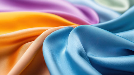 Abstract close-up of colorful fabric folds creating a smooth and artistic wave patternの素材