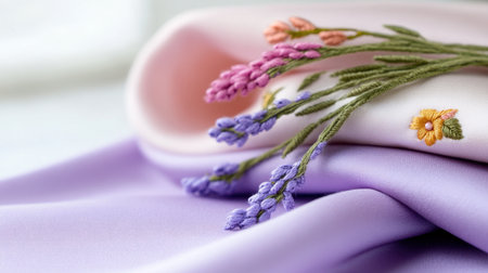Soft pastel fabric swatches in lavender and pink with floral embroidery, ideal for textile design and home decorの素材