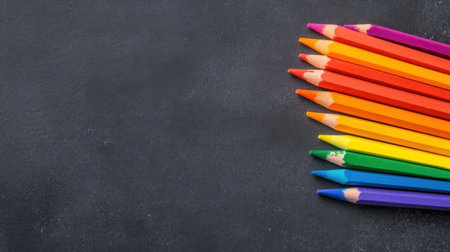 Neatly aligned rainbow-colored chalk on clean surface, bright and cheerful compositionの素材