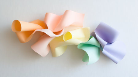 Artistic display of curled paper in soft pastel tones, ideal for branding and decorの素材